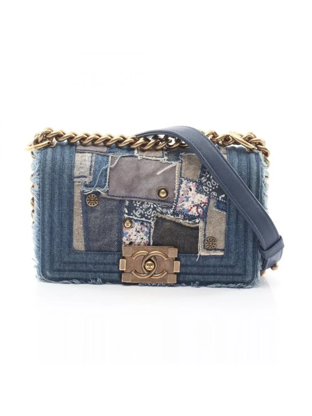 Chanel Shoulder Bag Boy Small Patchwork Antique Gold Denim Blue Ivory Multi